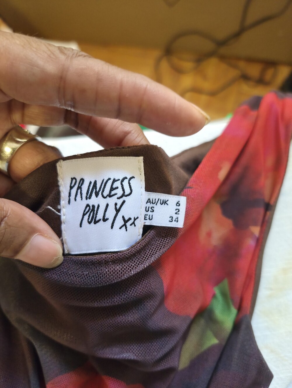 Princess Polly Floral Ruched Asymmetrical Midi Dress Brown Red Mesh Size 2 - Picture 3 of 4